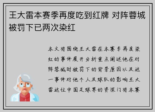 王大雷本赛季再度吃到红牌 对阵蓉城被罚下已两次染红