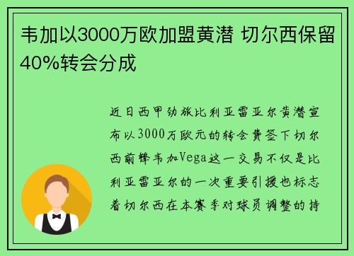 韦加以3000万欧加盟黄潜 切尔西保留40%转会分成